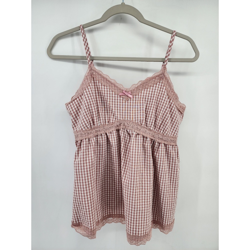 Gingham Lace Trim Cami Top Pink White Plaid Bow Babydoll